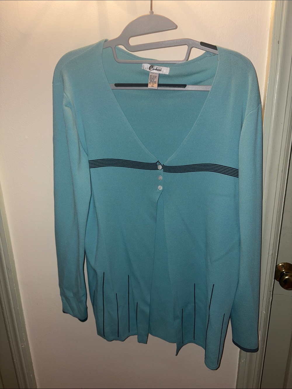 Classic Teal V-Neck Button-Front Sweater with Subtle Stripe